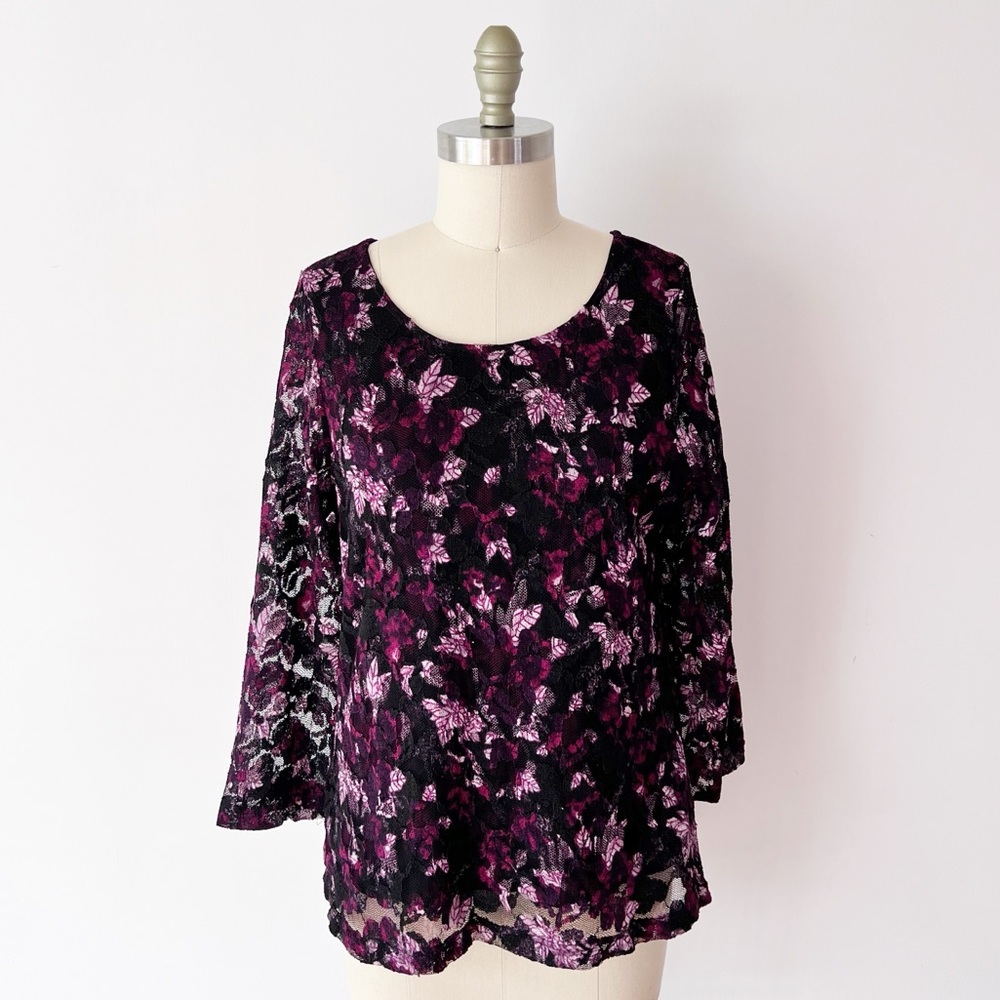 Stretchy Dark Lace Blouse‎ with Purple Pink, Scoop Neckline, Whimsigoth, Floral